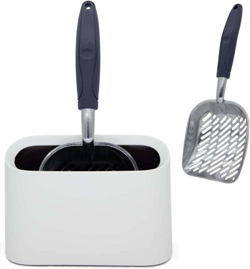 Vitisyao Heavy-Duty Metal Cat Litter Scoop with Holder, Aluminum Cats Litter Scooper Captures All Clumps, Kitty Metal Scooper and Holder (White) - Image 1